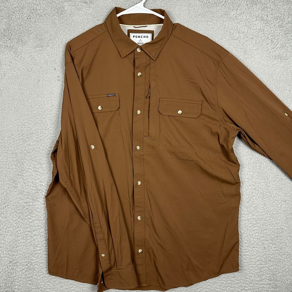 Poncho Shirt Mens XL Slim Fit Brown Button Down Magnetic Pockets Stretch EUC
